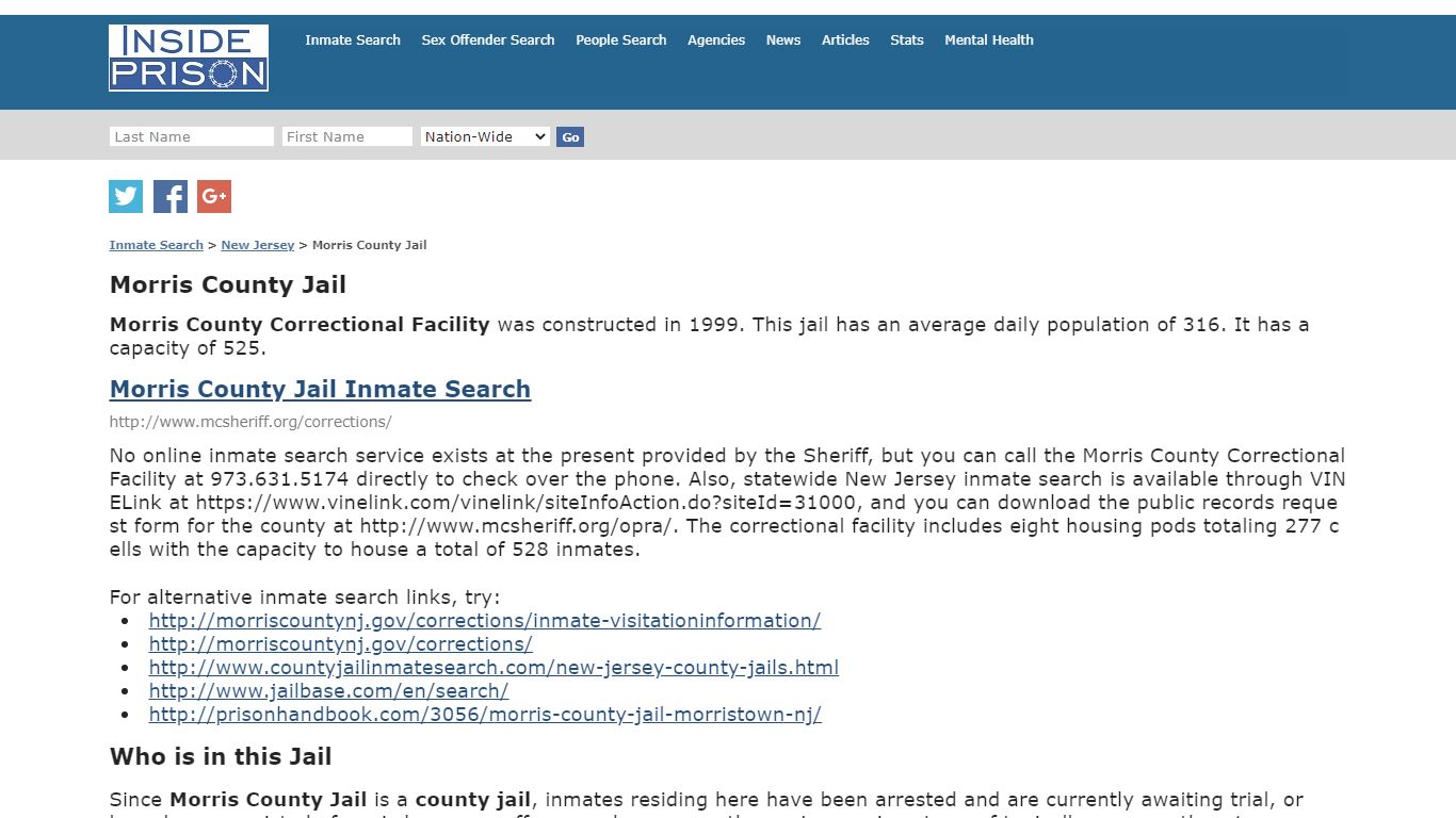 Morris County Jail - New Jersey - Inmate Search